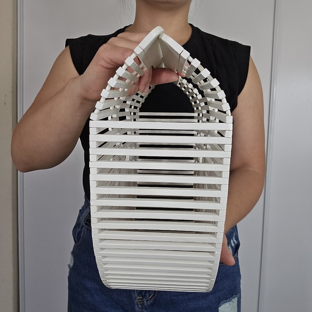 Vintage Bamboo Ark Handbag Retro White Half Moon Structured Beach Minimalist - Picture 4 of 16